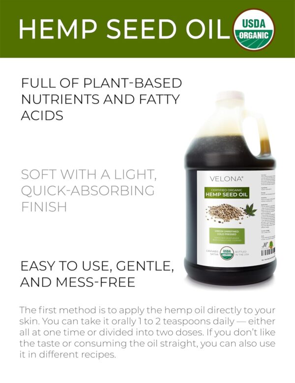 velona Hemp Seed Oil USDA Certified Organic - 64 Fl Oz | 100% Pure and Natural Carrier Oil | Unrefined, Cold Pressed | Hair, Body, Face & Skin Care - Image 2