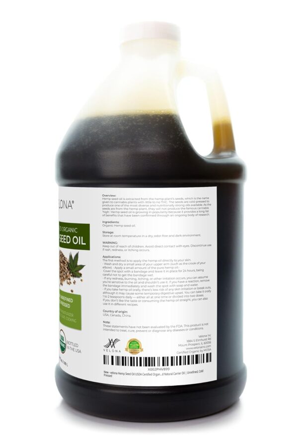 velona Hemp Seed Oil USDA Certified Organic - 64 Fl Oz | 100% Pure and Natural Carrier Oil | Unrefined, Cold Pressed | Hair, Body, Face & Skin Care - Image 3