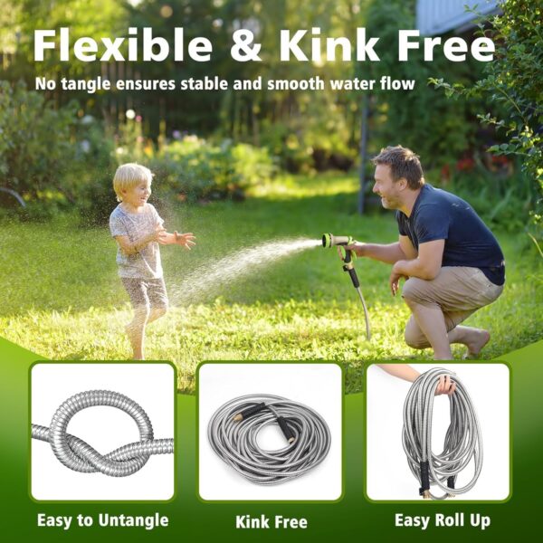 Metal Garden Hose 75ft Stainless Steel Hose Heavy Duty Flexible Water Hose with 10 Way Spray Nozzle 3/4 Solid Brass Fittings-Outdoor Yard Lightweight No Kink Leak Resistant Water Pipe - Image 3