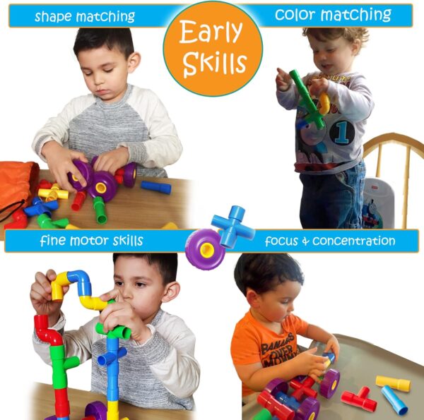 Skoolzy STEM Learning Pipe Tube 29 Piece Toys_and_Games Set, Educational Construction Building Blocks for ADHD & Autism for Baby, Kid Includes Wheels Pipes Joints and eBook - Image 2