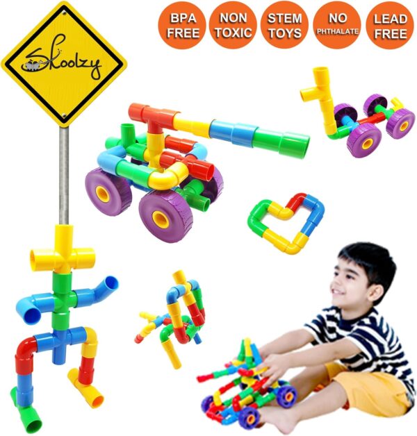 Skoolzy STEM Learning Pipe Tube 29 Piece Toys_and_Games Set, Educational Construction Building Blocks for ADHD & Autism for Baby, Kid Includes Wheels Pipes Joints and eBook - Image 5