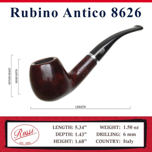 Rossi Rubino Antico Handmade Briar Pipe by Savinelli - Deep Red Hand Brushed Stain With Polished Finish & Rich Wood Grain, 6mm (8626) - Image 2
