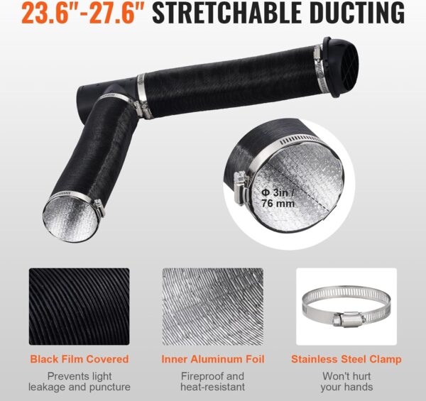 VEVOR Diesel Heater Pipe Ducting Set, 3" Extendable Air Duct Hose, 1" Stainless Steel Exhaust Pipe, 2 Air Vents, Tee Air Outlet Connector and Hose Clamps, for 2KW/5KW/8KW Diesel Parking Heaters - Image 4