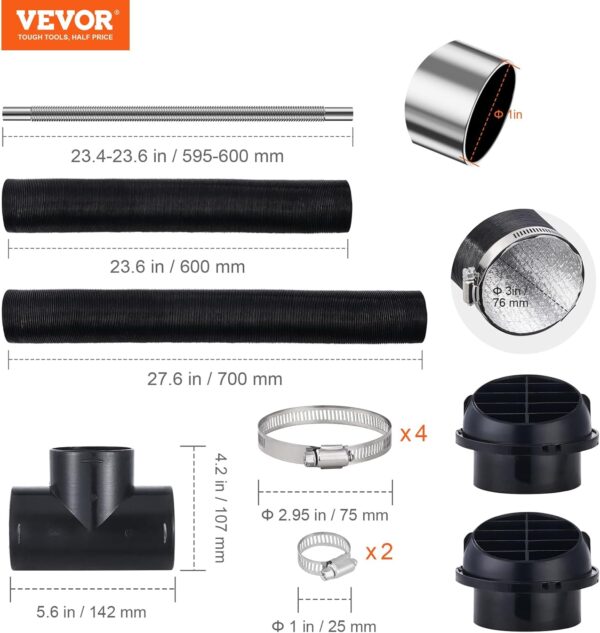 VEVOR Diesel Heater Pipe Ducting Set, 3" Extendable Air Duct Hose, 1" Stainless Steel Exhaust Pipe, 2 Air Vents, Tee Air Outlet Connector and Hose Clamps, for 2KW/5KW/8KW Diesel Parking Heaters - Image 7