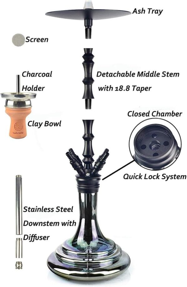 Complete Hookah Set with Everything - 4 Hookah Hose Portable Glass Hookahs Set with Washable Clay Hooka Bowl Coal Tongs Silicone Bong Aluminum Stem with Diffuser for Narguile Smoking - Image 3