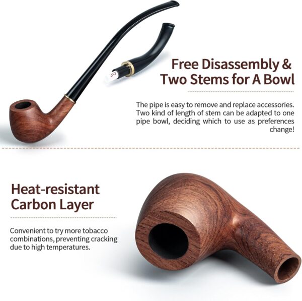 Joyoldelf Churchwarden Rosewood Tobacco Pipe - Handmade Smoking Pipe with Replaceable Short Stem, Wooden Pipe Set with Gift Box and Accessories for Beginners and Enthusiasts - Image 6