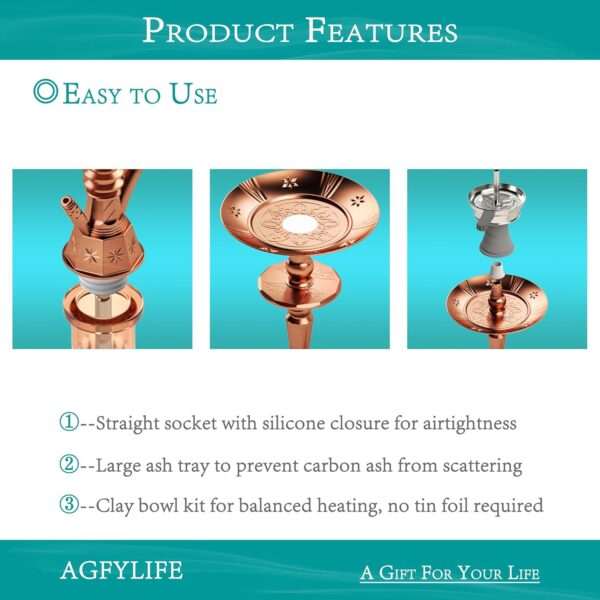 Hookah Set 25" Egyptian Style Hookah Complete Set with Everything, Shisha Accessories Includes Glass Vase, Clay Bowl, Leather Hookah Hose, Antique Bronze - Image 3