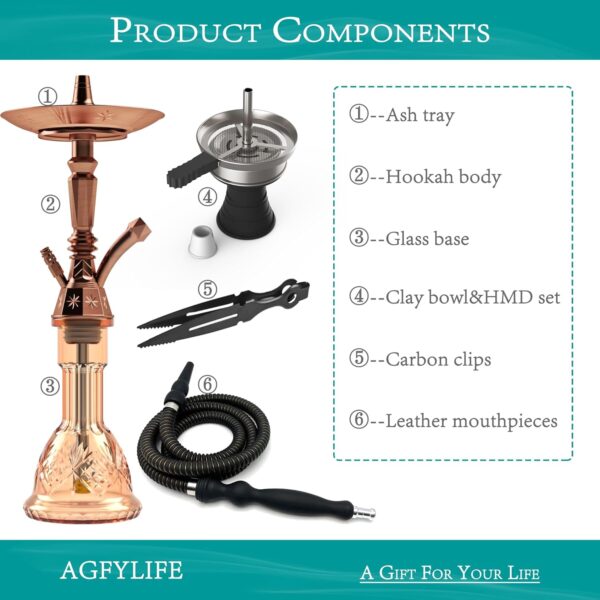 Hookah Set 25" Egyptian Style Hookah Complete Set with Everything, Shisha Accessories Includes Glass Vase, Clay Bowl, Leather Hookah Hose, Antique Bronze - Image 5
