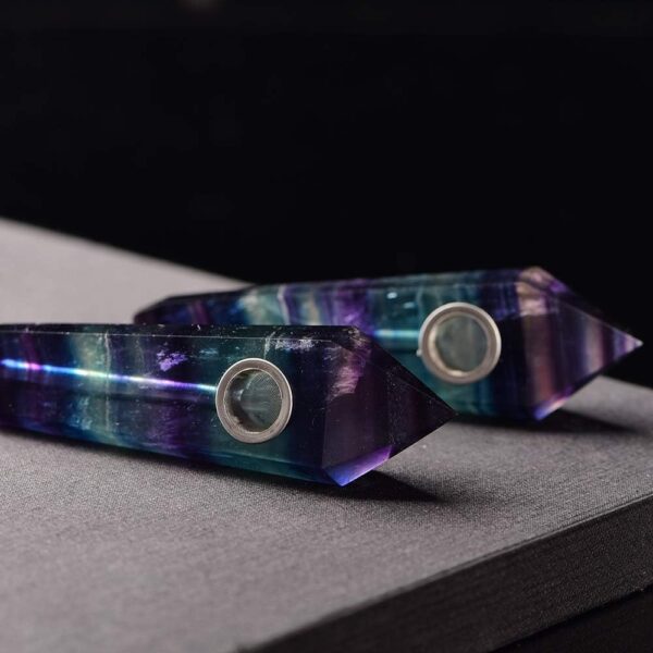 Natural Fluorite Crystal Double-Point Pipe with Metal Screen, Rainbow Fluorite Tower，Purple and Blue Multi-Color,crystal gift - Image 2