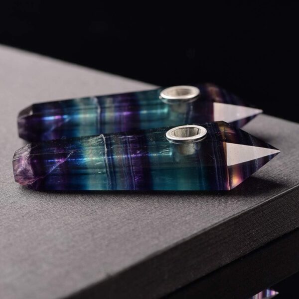 Natural Fluorite Crystal Double-Point Pipe with Metal Screen, Rainbow Fluorite Tower，Purple and Blue Multi-Color,crystal gift - Image 3