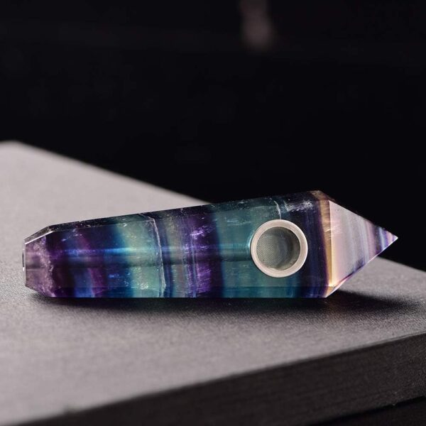 Natural Fluorite Crystal Double-Point Pipe with Metal Screen, Rainbow Fluorite Tower，Purple and Blue Multi-Color,crystal gift - Image 4