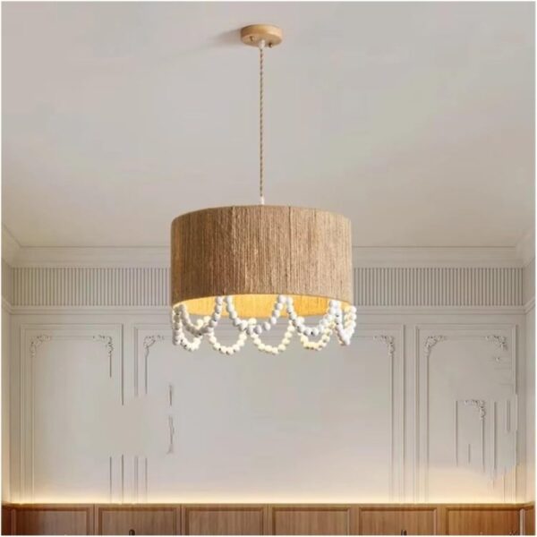 Japanese Wooden Beads Hemp Rope Pendant Light Restaurant Living Room Home Decoration Bedroom Chandelier, Contemporary - Image 3
