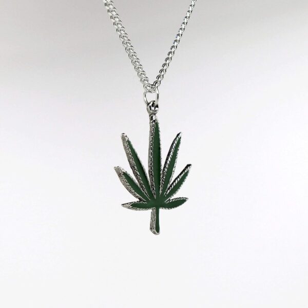 Real Metal Marijuana Weed Pot Leaf Green Enamel on Silver Finish Pewter Pendant Necklace - Image 4