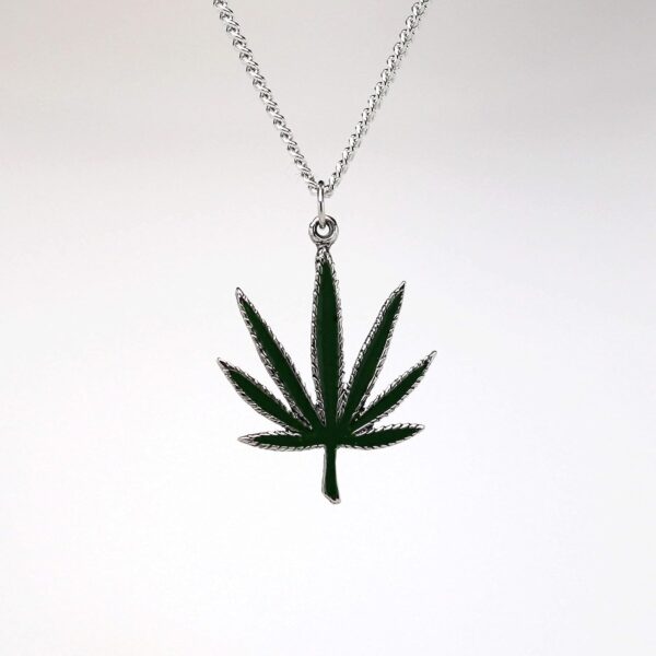Real Metal Marijuana Weed Pot Leaf Green Enamel on Silver Finish Pewter Pendant Necklace - Image 5