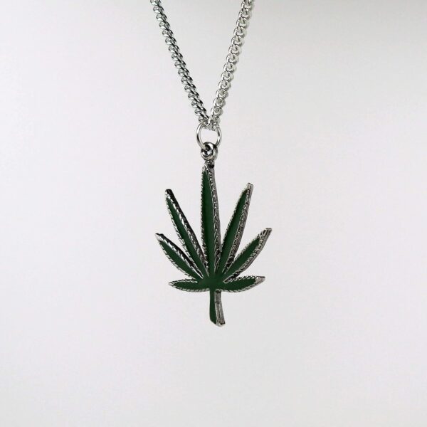 Real Metal Marijuana Weed Pot Leaf Green Enamel on Silver Finish Pewter Pendant Necklace - Image 6