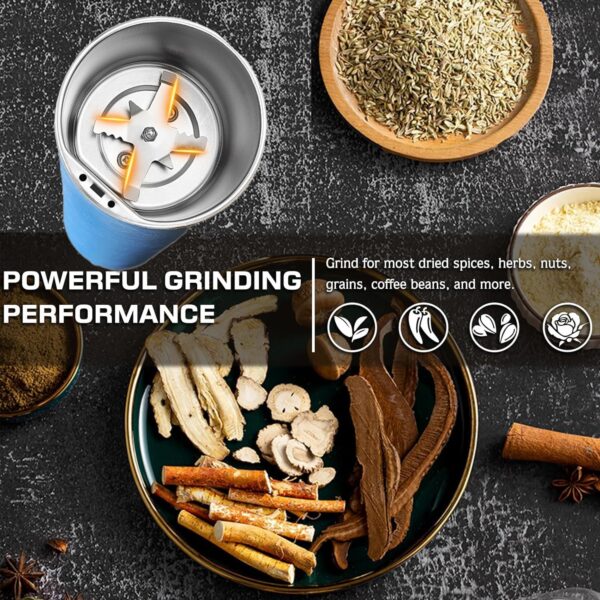 Electric Herb Grinder 200W Powerful Fast Grinding for Dry Spices Flower Buds with Brush, Easy On/Off One-Touch Push Button Powder Grinder Perfect For Herbs, Spices, Nuts, Grains and Coffee Beans - Image 5
