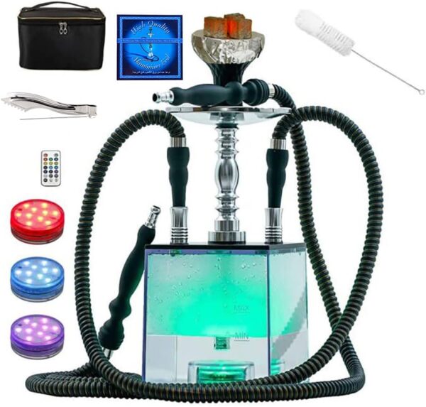 2 Hose Hookah Set,Portable Micro Modern Cube Acrylic Hookah with Silicone Hookah Bowl Two Leather Hose Coal Tongs Aluminum Stem,Cube Hookah with Remoted LED Light Custom Storage Bag and Cleaning Brush - Image 2