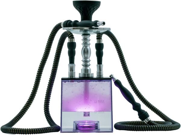 2 Hose Hookah Set,Portable Micro Modern Cube Acrylic Hookah with Silicone Hookah Bowl Two Leather Hose Coal Tongs Aluminum Stem,Cube Hookah with Remoted LED Light Custom Storage Bag and Cleaning Brush - Image 3