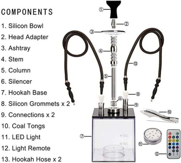 2 Hose Hookah Set,Portable Micro Modern Cube Acrylic Hookah with Silicone Hookah Bowl Two Leather Hose Coal Tongs Aluminum Stem,Cube Hookah with Remoted LED Light Custom Storage Bag and Cleaning Brush - Image 6
