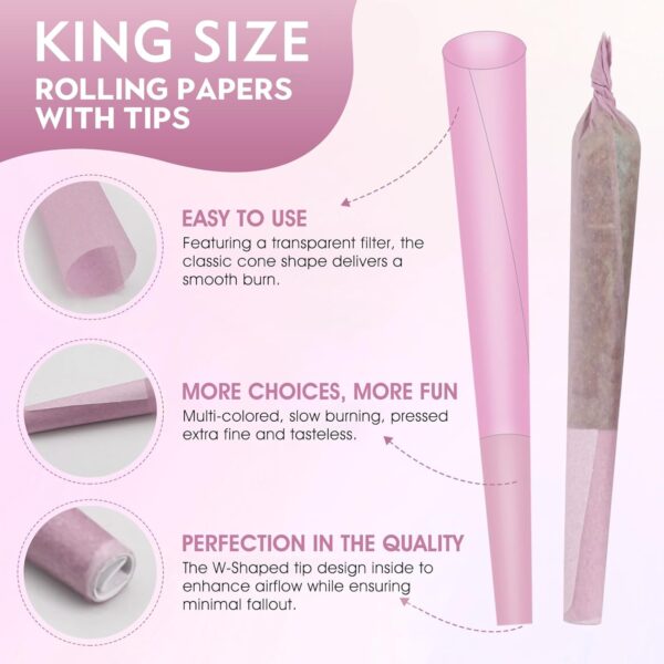 Pre Rolled Cones Rolling Paper | King Size | 50 Pack | Unbleached Natural Prerolls Cones Rolling Paper with Filter Tubes Pink/Purple/White Prerolled Cones - Image 3