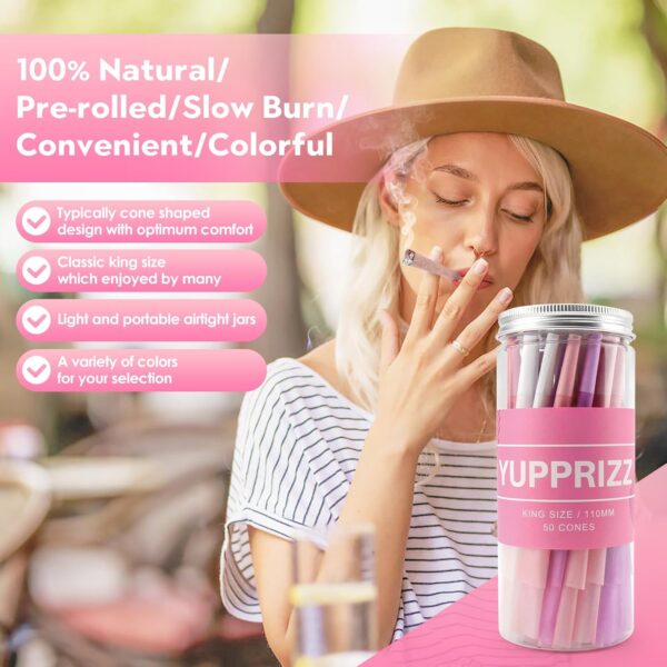 Pre Rolled Cones Rolling Paper | King Size | 50 Pack | Unbleached Natural Prerolls Cones Rolling Paper with Filter Tubes Pink/Purple/White Prerolled Cones - Image 4