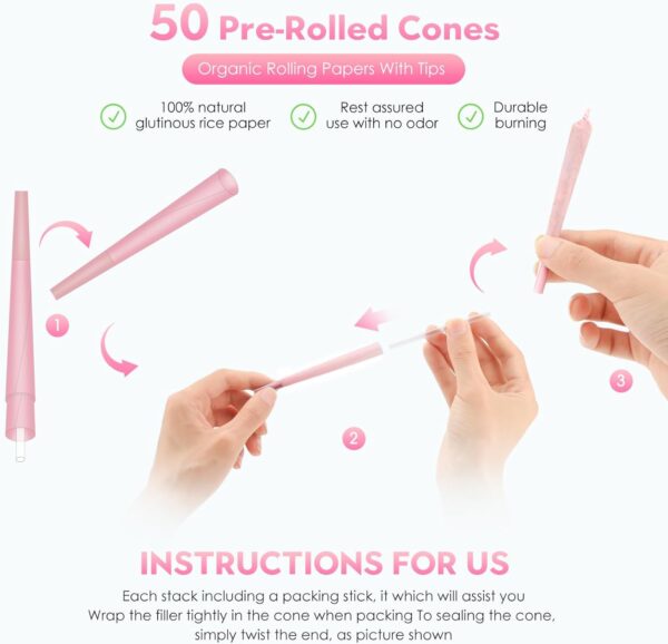 Pre Rolled Cones Rolling Paper | King Size | 50 Pack | Unbleached Natural Prerolls Cones Rolling Paper with Filter Tubes Pink/Purple/White Prerolled Cones - Image 6