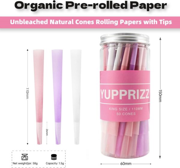 Pre Rolled Cones Rolling Paper | King Size | 50 Pack | Unbleached Natural Prerolls Cones Rolling Paper with Filter Tubes Pink/Purple/White Prerolled Cones - Image 7