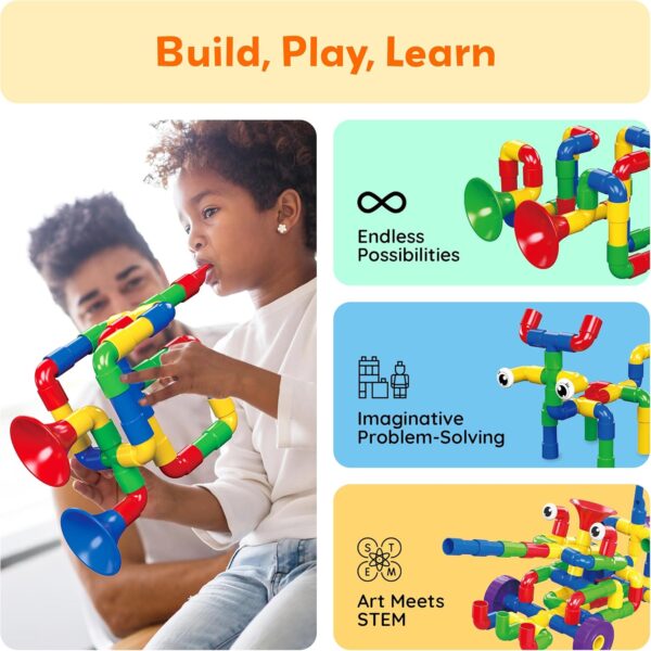 PicassoTiles PTT136 136pcs Tubular Pipes & Spout STEAM Interlocking Educational Building Block Set, Tube Locks, Pipeworks Construction Blocks w/Storage Container Box, Idea Book, Flute Musical Kit - Image 4