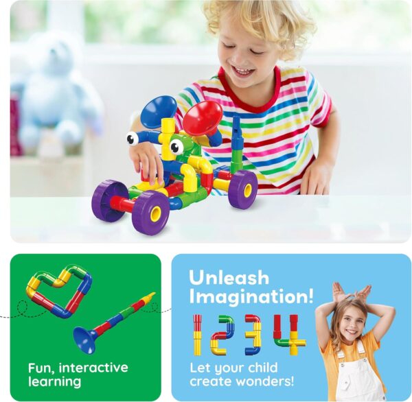 PicassoTiles PTT136 136pcs Tubular Pipes & Spout STEAM Interlocking Educational Building Block Set, Tube Locks, Pipeworks Construction Blocks w/Storage Container Box, Idea Book, Flute Musical Kit - Image 5
