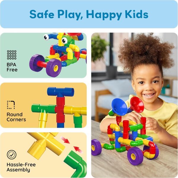 PicassoTiles PTT136 136pcs Tubular Pipes & Spout STEAM Interlocking Educational Building Block Set, Tube Locks, Pipeworks Construction Blocks w/Storage Container Box, Idea Book, Flute Musical Kit - Image 6