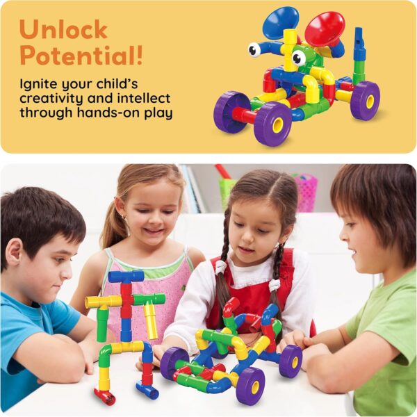 PicassoTiles PTT136 136pcs Tubular Pipes & Spout STEAM Interlocking Educational Building Block Set, Tube Locks, Pipeworks Construction Blocks w/Storage Container Box, Idea Book, Flute Musical Kit - Image 7