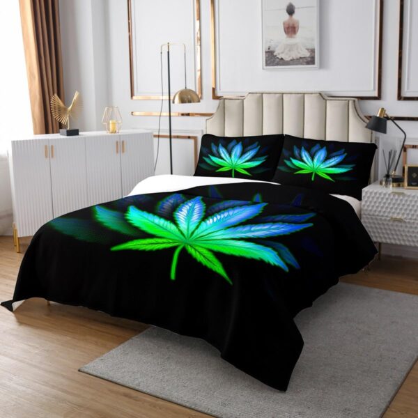 Homewish Marijuana Weed Bedspread Quilt Set King Size,Fluorescent Gradient Quilted for Kids Teens Adult,Cannabis Leaf Coverlet Set,Trippy Boho Bedspread,Soft Luxury Microfiber - Image 2
