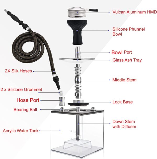 Hookah Set with Everything - Kitosun Updated Cube Modern Shisha include Vulcan HMD Silicone Phunnel Bowl Silk Pipe Coal Tongs Remote LED Light for Great Smoking | Easy Cleaning Easy Inhale 2 Hoses - Image 2