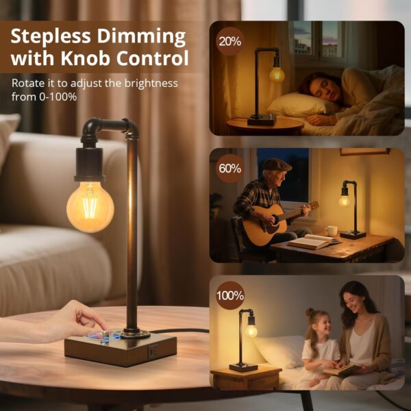 Industrial Table Lamp for Bedroom, Fully Dimmable Bedside Lamp with USB C+A Ports, Vintage Lamp with Water Pipe Design, Steampunk Table Lamps for Living Room, Dorm, Office, 6W LED Bulb Included - Image 2