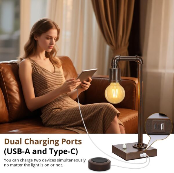 Industrial Table Lamp for Bedroom, Fully Dimmable Bedside Lamp with USB C+A Ports, Vintage Lamp with Water Pipe Design, Steampunk Table Lamps for Living Room, Dorm, Office, 6W LED Bulb Included - Image 3