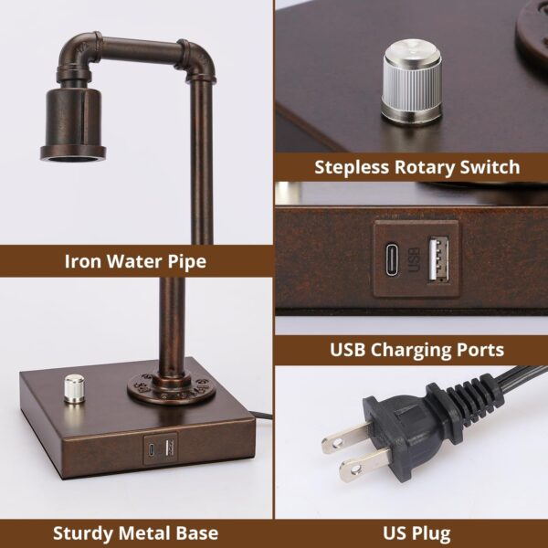 Industrial Table Lamp for Bedroom, Fully Dimmable Bedside Lamp with USB C+A Ports, Vintage Lamp with Water Pipe Design, Steampunk Table Lamps for Living Room, Dorm, Office, 6W LED Bulb Included - Image 4