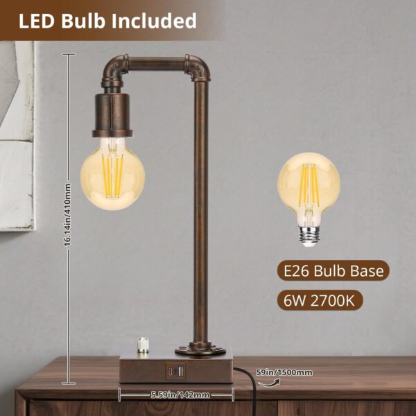 Industrial Table Lamp for Bedroom, Fully Dimmable Bedside Lamp with USB C+A Ports, Vintage Lamp with Water Pipe Design, Steampunk Table Lamps for Living Room, Dorm, Office, 6W LED Bulb Included - Image 5
