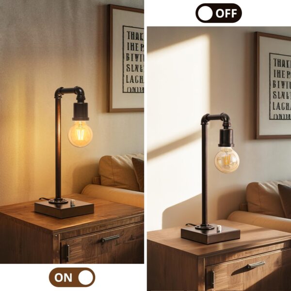 Industrial Table Lamp for Bedroom, Fully Dimmable Bedside Lamp with USB C+A Ports, Vintage Lamp with Water Pipe Design, Steampunk Table Lamps for Living Room, Dorm, Office, 6W LED Bulb Included - Image 6
