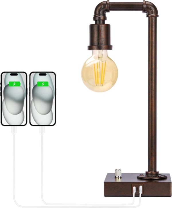 Industrial Table Lamp for Bedroom, Fully Dimmable Bedside Lamp with USB C+A Ports, Vintage Lamp with Water Pipe Design, Steampunk Table Lamps for Living Room, Dorm, Office, 6W LED Bulb Included - Image 8