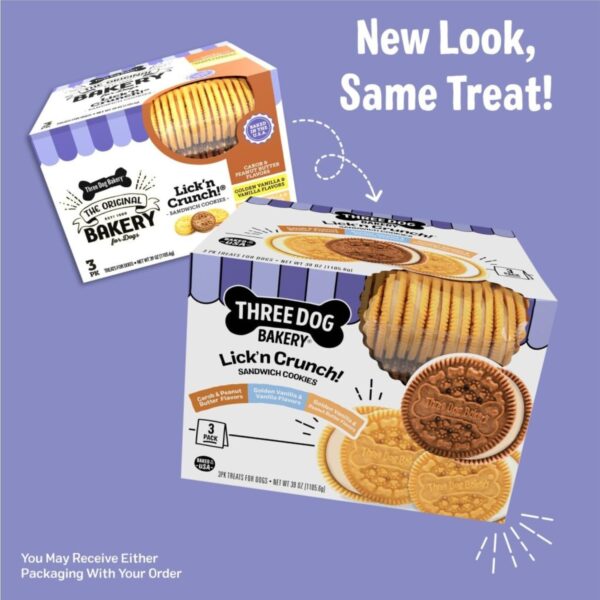 Three Dog Bakery Lick'n Crunch Sandwich Cookies Premium Dog Treats with No Artificial Flavors, Carob/Peanut Butter, Golden/Vanilla, 39 Ounces (Pack of 1) - Image 3