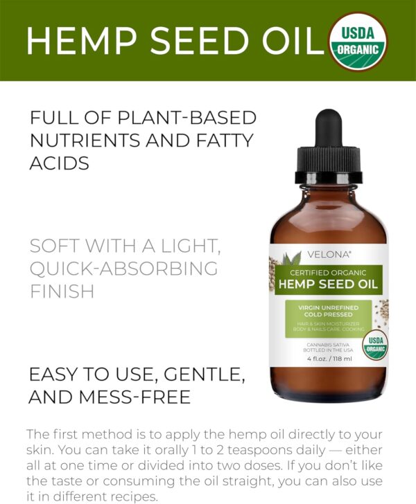 velona Hemp Seed Oil USDA Certified Organic - 4 Fl Oz | 100% Pure and Natural Carrier Oil | Unrefined, Cold Pressed | Hair, Body, Face & Skin Care - Image 2