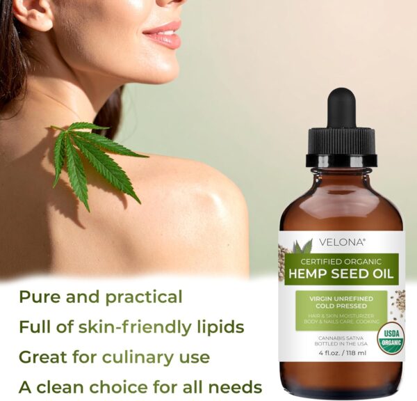 velona Hemp Seed Oil USDA Certified Organic - 4 Fl Oz | 100% Pure and Natural Carrier Oil | Unrefined, Cold Pressed | Hair, Body, Face & Skin Care - Image 5