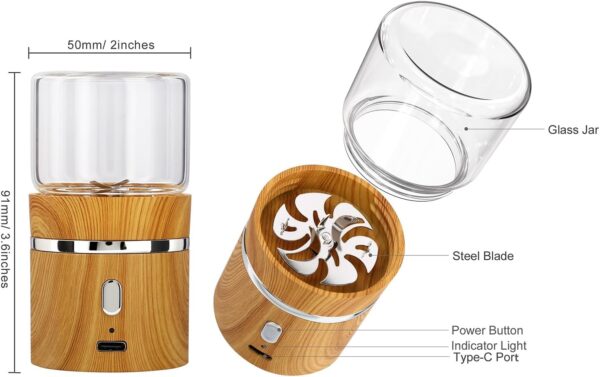 Electric Grinder Spice Crusher Rechargeable Mini Size 2" x 3.5" with 2PCS 1.7oz/50ml Glass Jars (NOT for nuts or beans), Wood Grain Pattern - Image 2