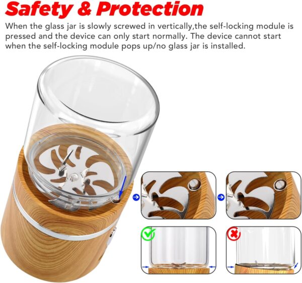Electric Grinder Spice Crusher Rechargeable Mini Size 2" x 3.5" with 2PCS 1.7oz/50ml Glass Jars (NOT for nuts or beans), Wood Grain Pattern - Image 4