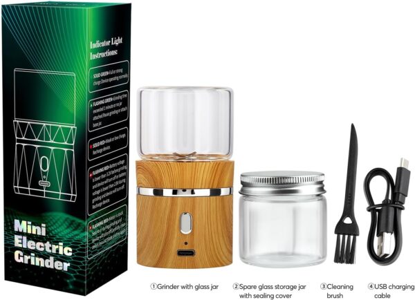 Electric Grinder Spice Crusher Rechargeable Mini Size 2" x 3.5" with 2PCS 1.7oz/50ml Glass Jars (NOT for nuts or beans), Wood Grain Pattern - Image 5