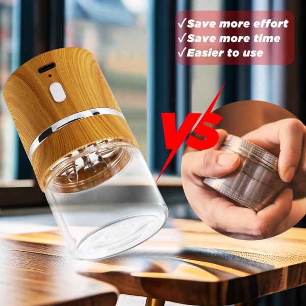Electric Grinder Spice Crusher Rechargeable Mini Size 2" x 3.5" with 2PCS 1.7oz/50ml Glass Jars (NOT for nuts or beans), Wood Grain Pattern - Image 6