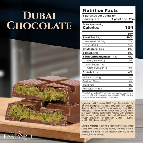 Eastanbul Dubai Chocolate Bar Pistachio, 7oz, Premium Belgium Chocolate, Pistachio Dubai Bar, Viral Candy with Shredded Phyllo Dough, Knafeh, Gift Box - Image 2