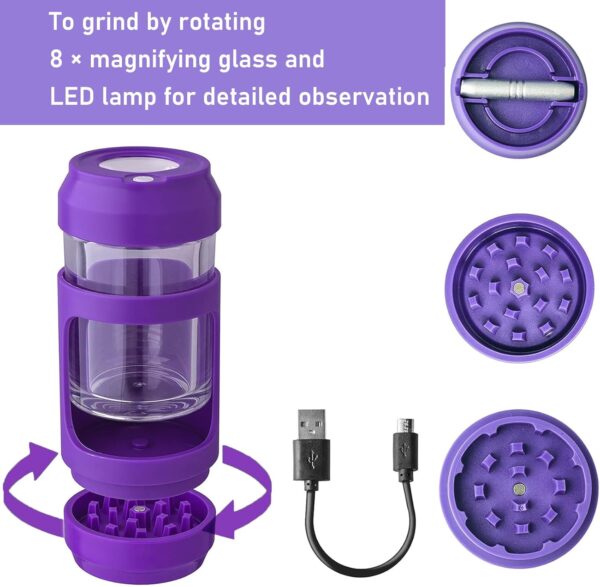 Herb Grinder Storage Jar with 8x Magnifying Lid, Light-Up Viewing, Fresh Keeping, and Portable Grinding (Red) - Image 2