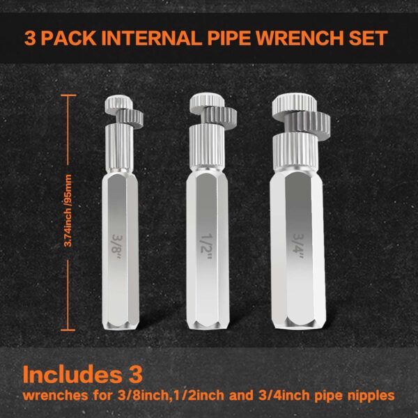 2025 Upgrade 3-Piece Internal Pipe Wrench Set, Pipe Nipple Extractor Set with Bottom Hex Notch, 3/8", 1/2" and 3/4" Pipe Capacity, Perfect for Allen Wrench Tools, Easy Internal Grip to Extract Nipples - Image 3
