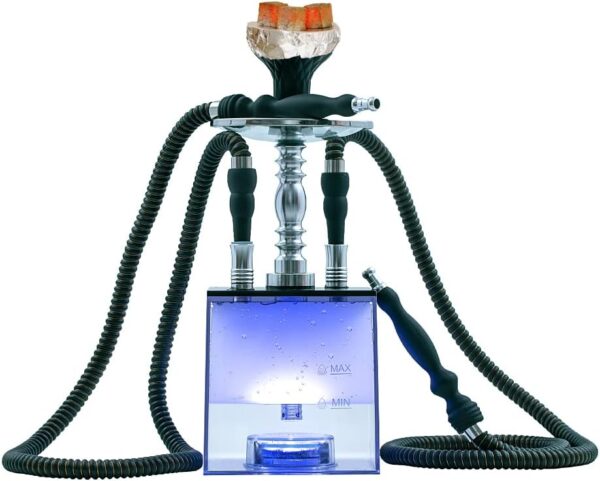 2 Hose Hookah Set With Travel Case Clean Brush, Micro Cube Acrylic Hookah with Silicone Hookah Bowl 2 Leather Hose Foil Sheet Coal Tongs Magical Remote LED Light for Better Shisha Narguile Smoking - Image 2